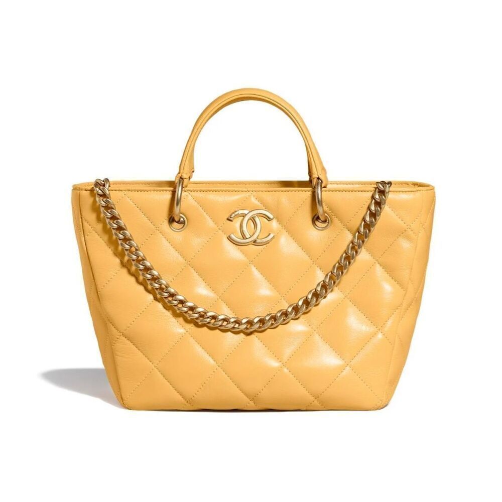 Chanel Lambskin Quilted Small Top Handle Shopping Bag Yellow